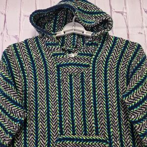 Baja Joe Striped Mexican Drug Rug Poncho Hoodie Navy Blue Lime Green Mens Medium